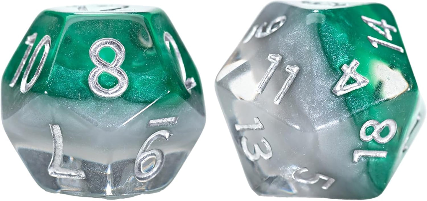 Two shimmering green and white marbled d20 dice with silver numbers