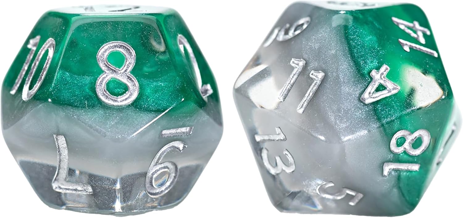 Two shimmering green and white marbled d20 dice with silver numbers