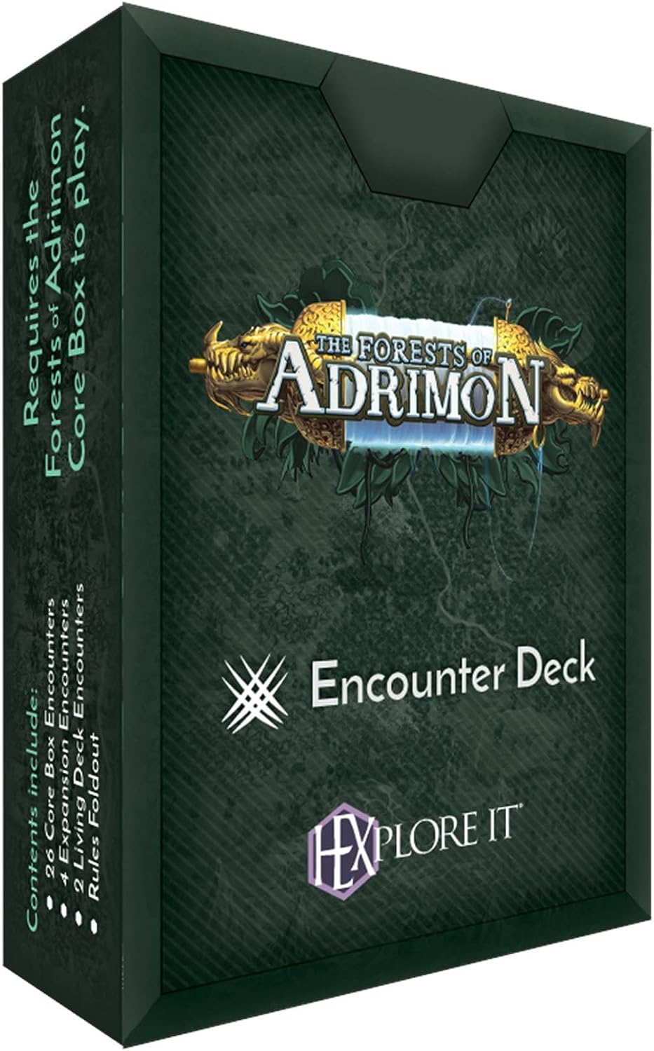 Dark green expansion box for The Forests of Adrimon Encounter Deck game, with gold title by Hexplore It.