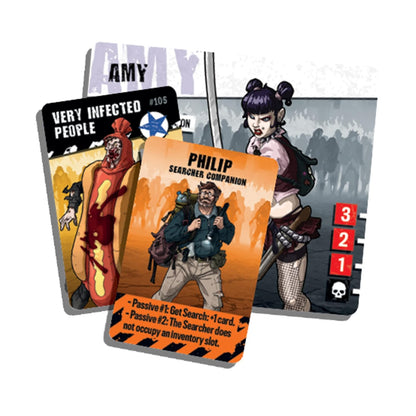 Three board game cards: Philip the Searcher amidst zombies, a hotdog zombie, and a female survivor