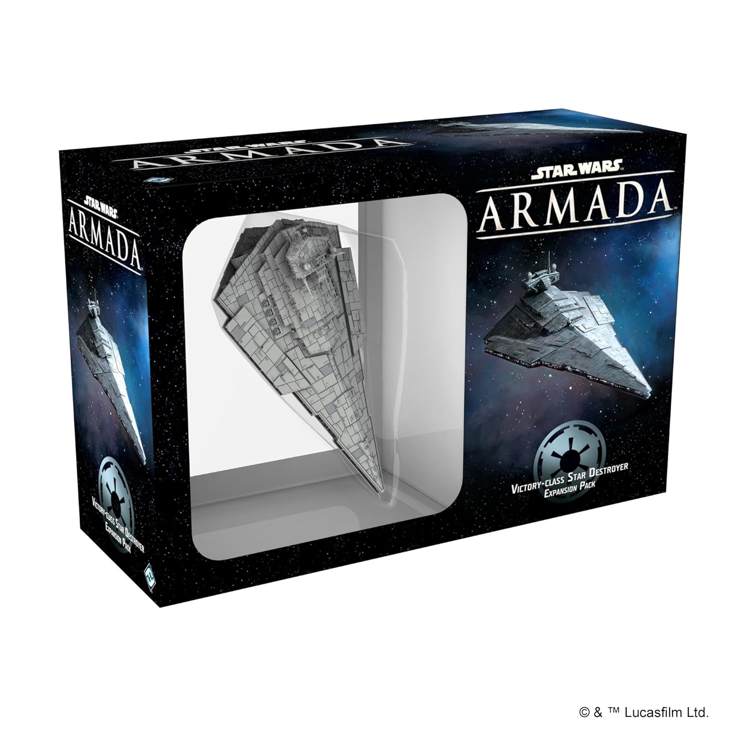 A Star Wars Armada: Victory-Class Star Destroyer Expansion Pack box displays the ship model through a clear window