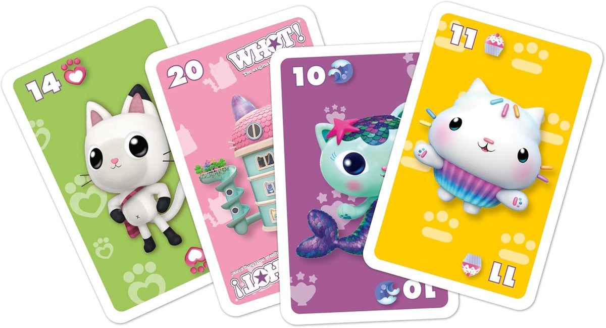 Four colorful Gabby&#39;s Dollhouse playing cards featuring various cartoon characters, fanned out