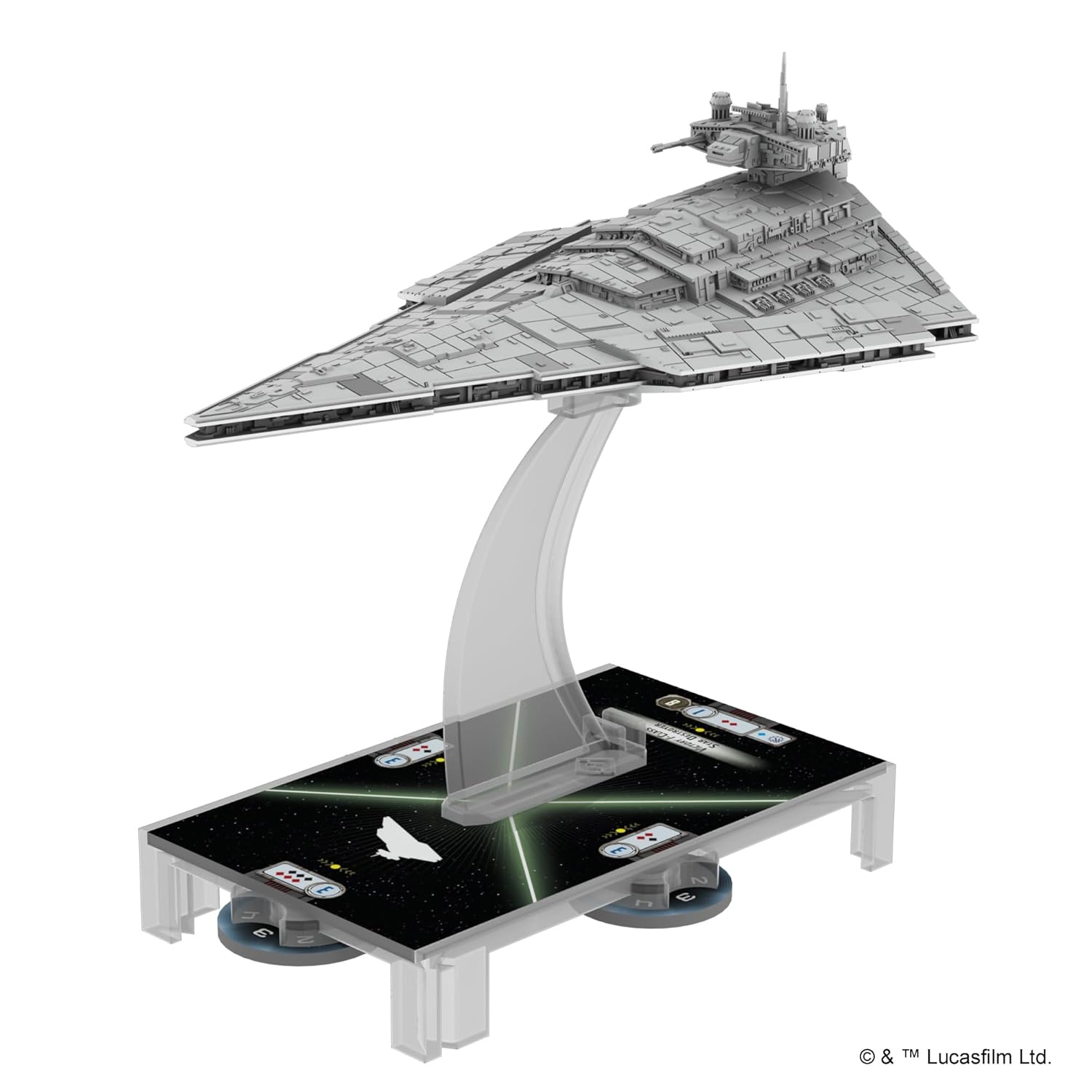 Detailed gray Star Destroyer miniature on a clear stand, over a black starfield game base with tokens