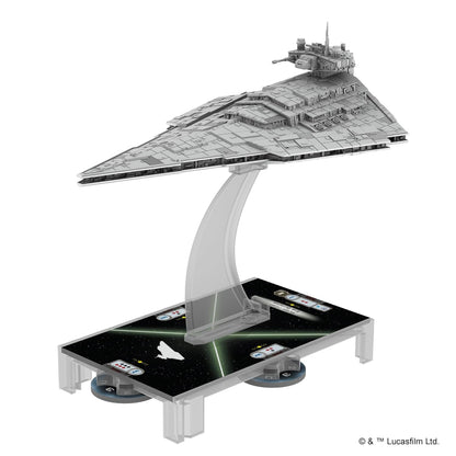 Detailed gray Star Destroyer miniature on a clear stand, over a black starfield game base with tokens