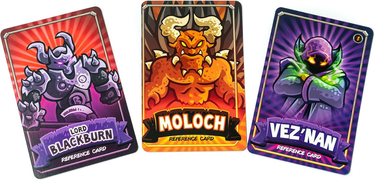 Three Kingdom Rush collectible cards featuring Lord Blackburn Moloch and Vez'nan characters