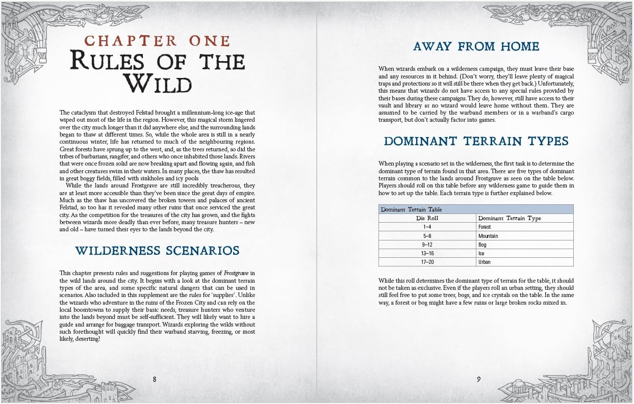 Frostgrave The Wildwoods rulebook page featuring rules for wilderness scenarios and dominant terrain types