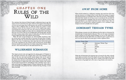 Frostgrave The Wildwoods rulebook page featuring rules for wilderness scenarios and dominant terrain types