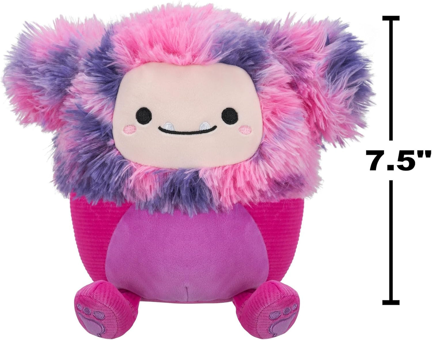Pink and purple fuzzy monster plush toy, 7.5 inches tall