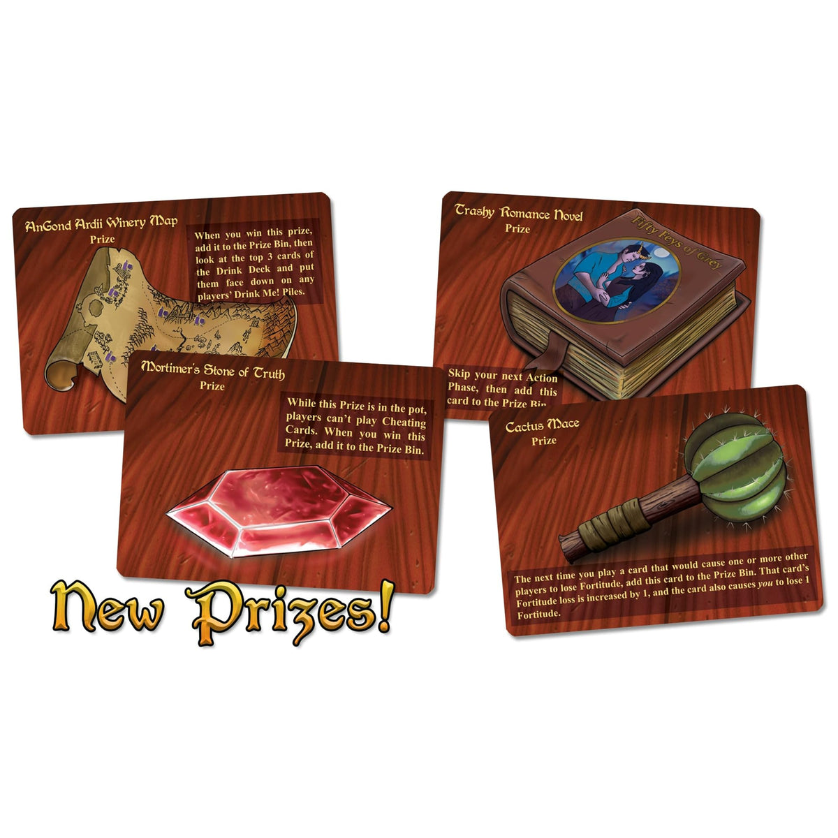 New Prizes! displayed on four game cards: a map, romance novel, red gem, and cactus mace, on a wooden table