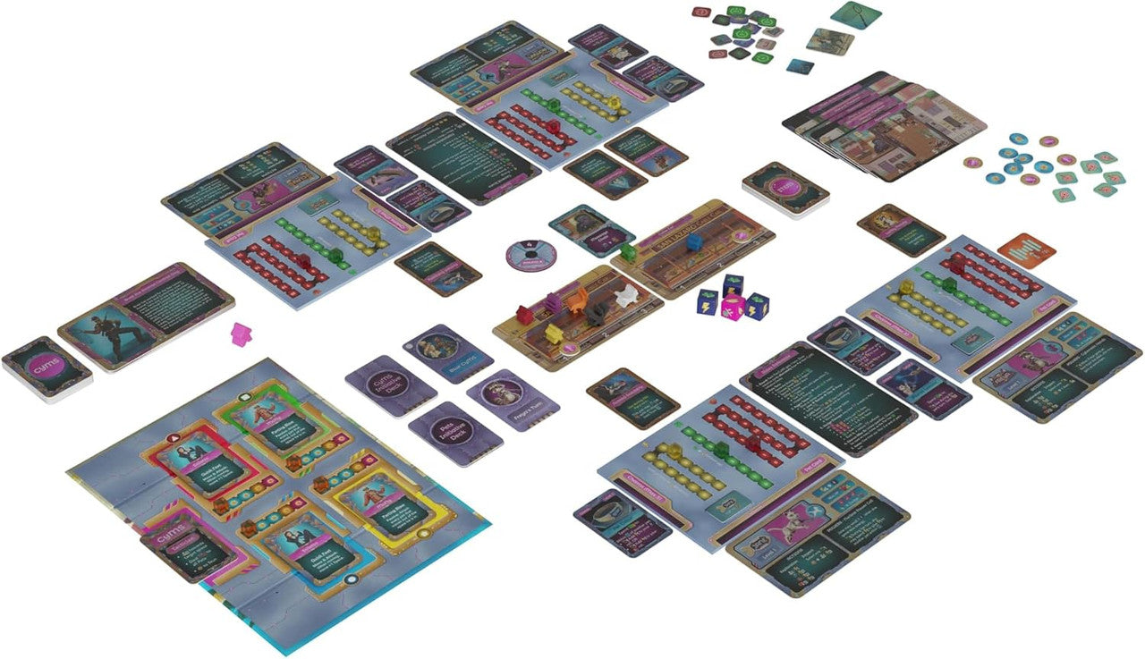 An intricate board game, with multiple colourful boards, cards, tokens, and dice, laid out on a white surface