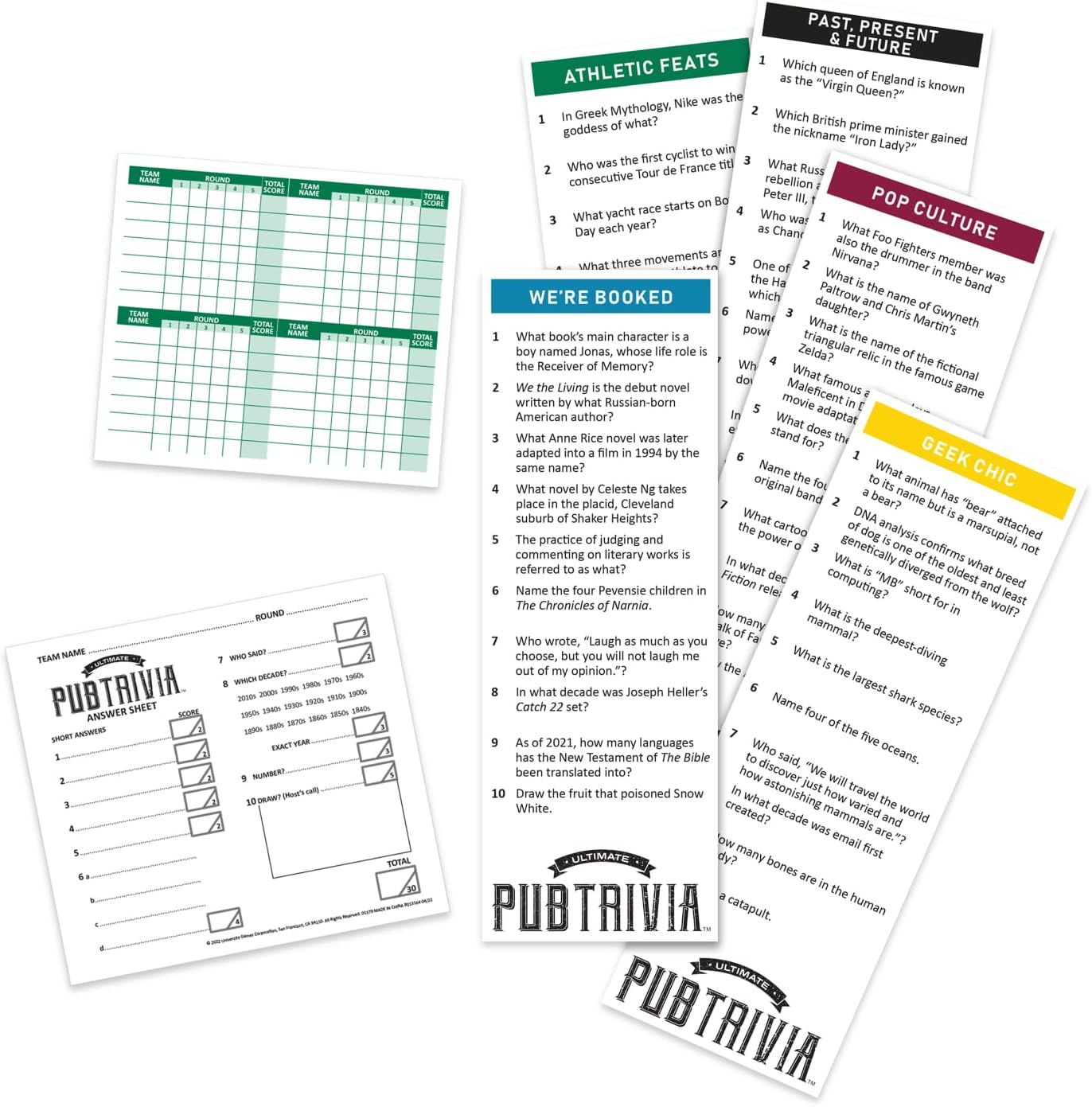 Ultimate Pub Trivia set showing question categories, score sheets and answer cards