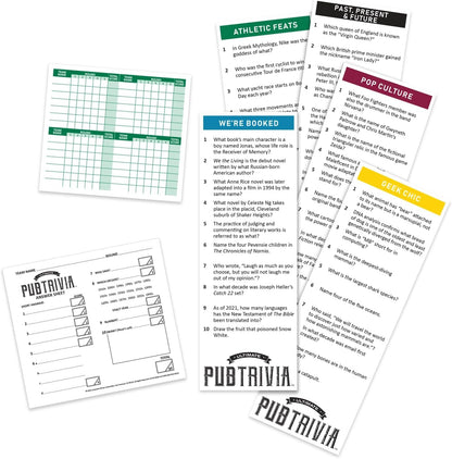 Ultimate Pub Trivia set showing question categories, score sheets and answer cards