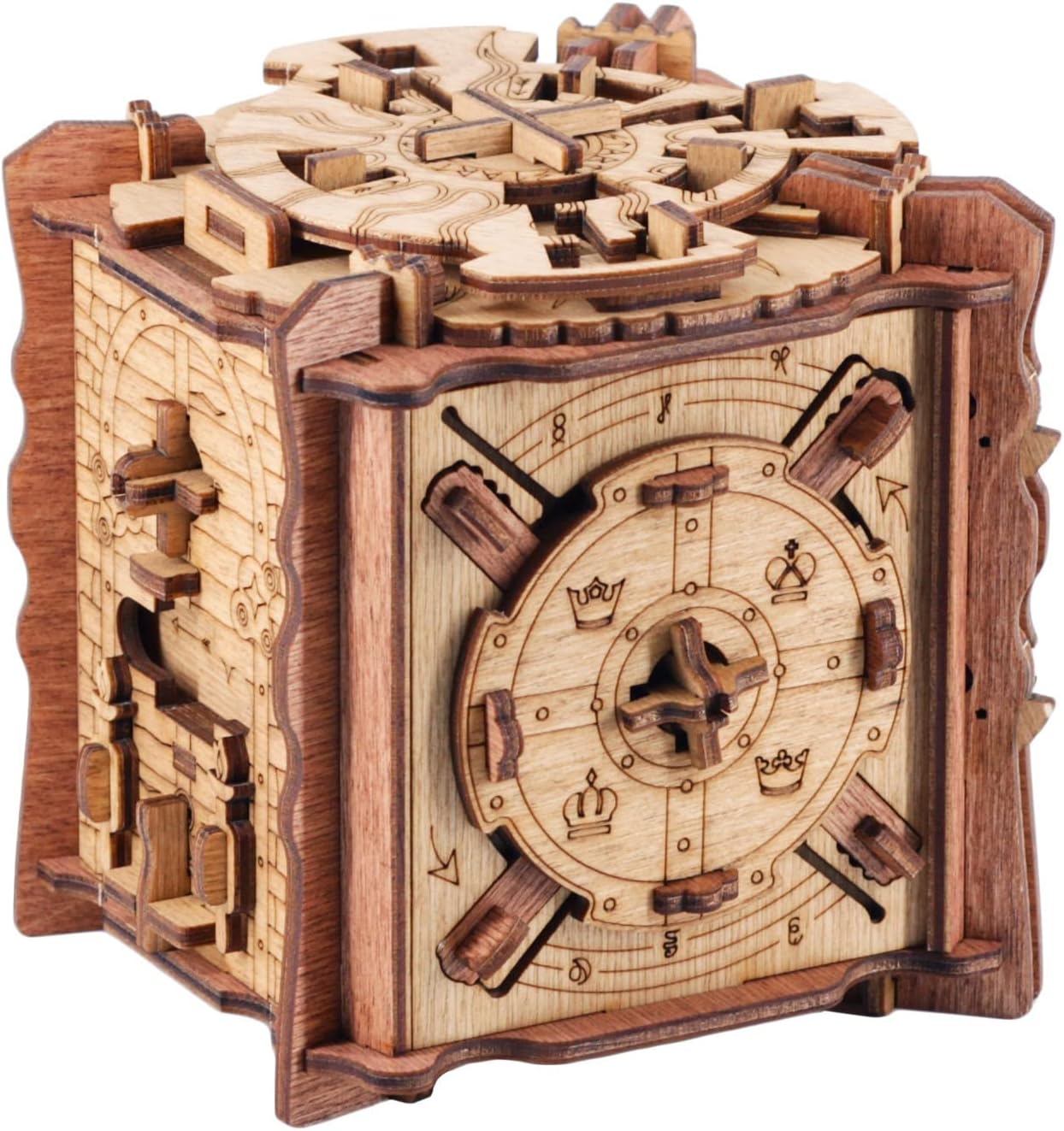 Intricate wooden Trial of Camelot puzzle box featuring complex gears, dials, and engraved locking mechanisms