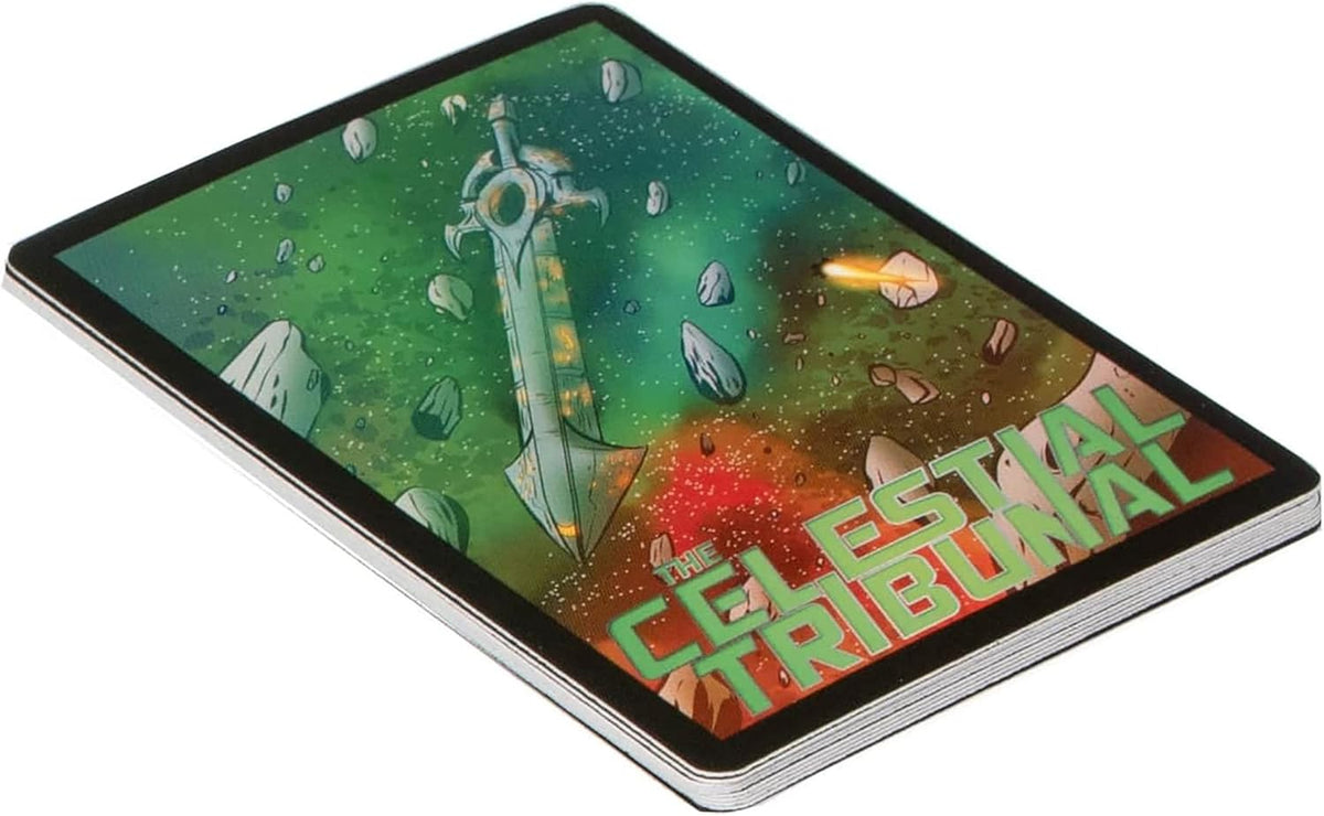 Stack of cards, top one features a large, ornate sword in green cosmic space with asteroids and &quot;THE CELESTIAL TRIBUNAL.&quot;