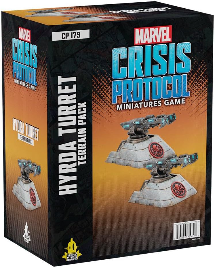 A box for Marvel Crisis Protocol Hydra Turret Terrain Pack, depicting two grey turrets with red Hydra symbols