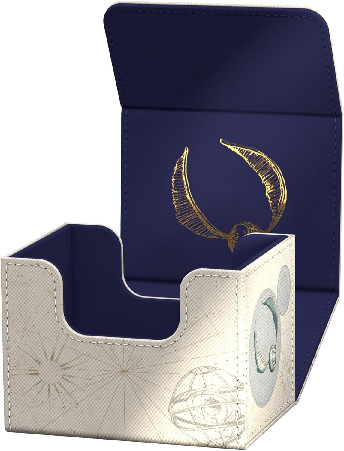 Open deck box with a beige map-patterned exterior. The dark blue interior lining features a golden Snitch logo