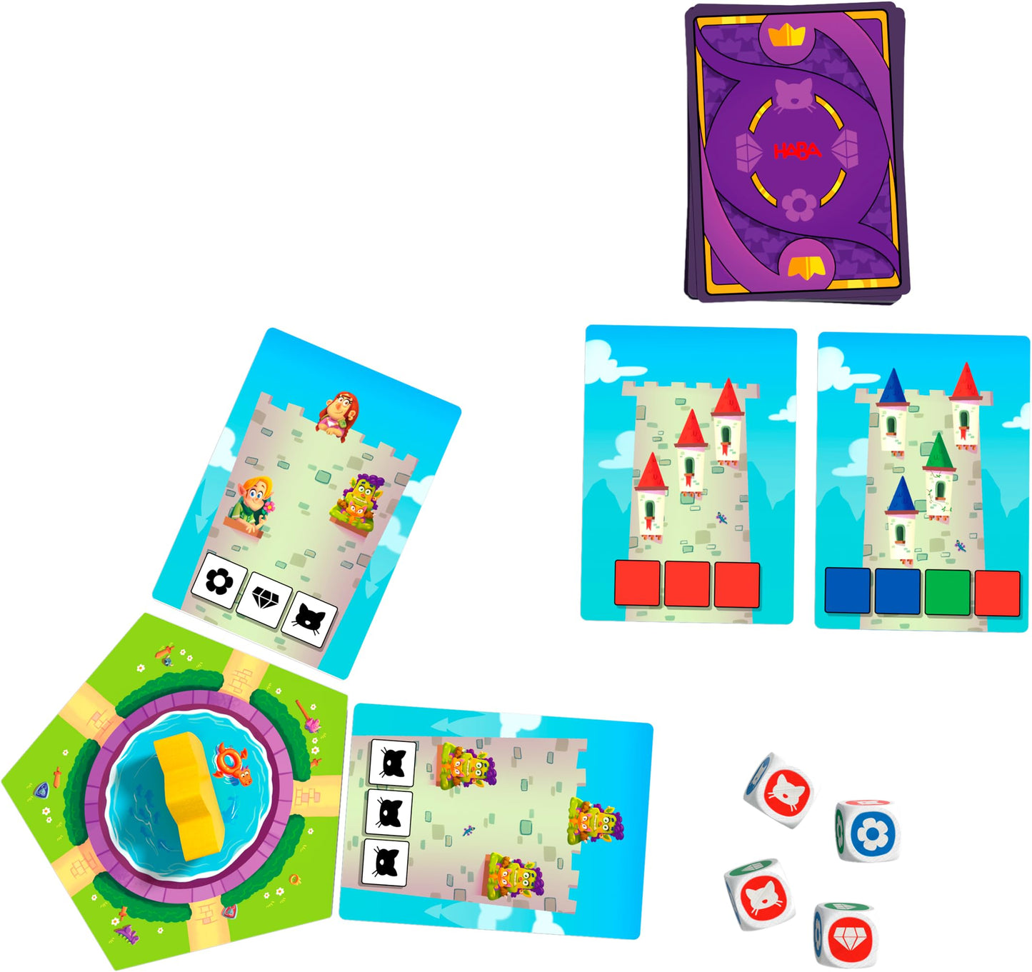 Colourful HABA board game components, including castle cards with characters, hexagonal boards, and four symbol dice.