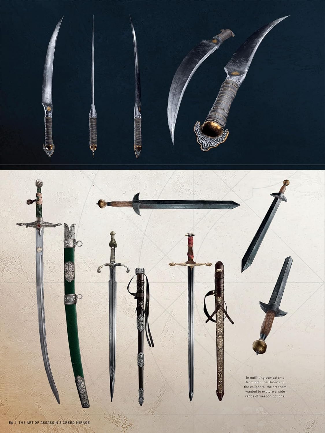 Art book page featuring ornate swords -  daggers -  and scabbards from The Art of Assassin's Creed Mirage