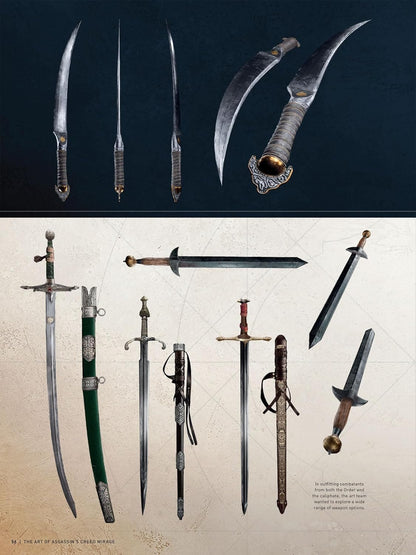Art book page featuring ornate swords -  daggers -  and scabbards from The Art of Assassin's Creed Mirage