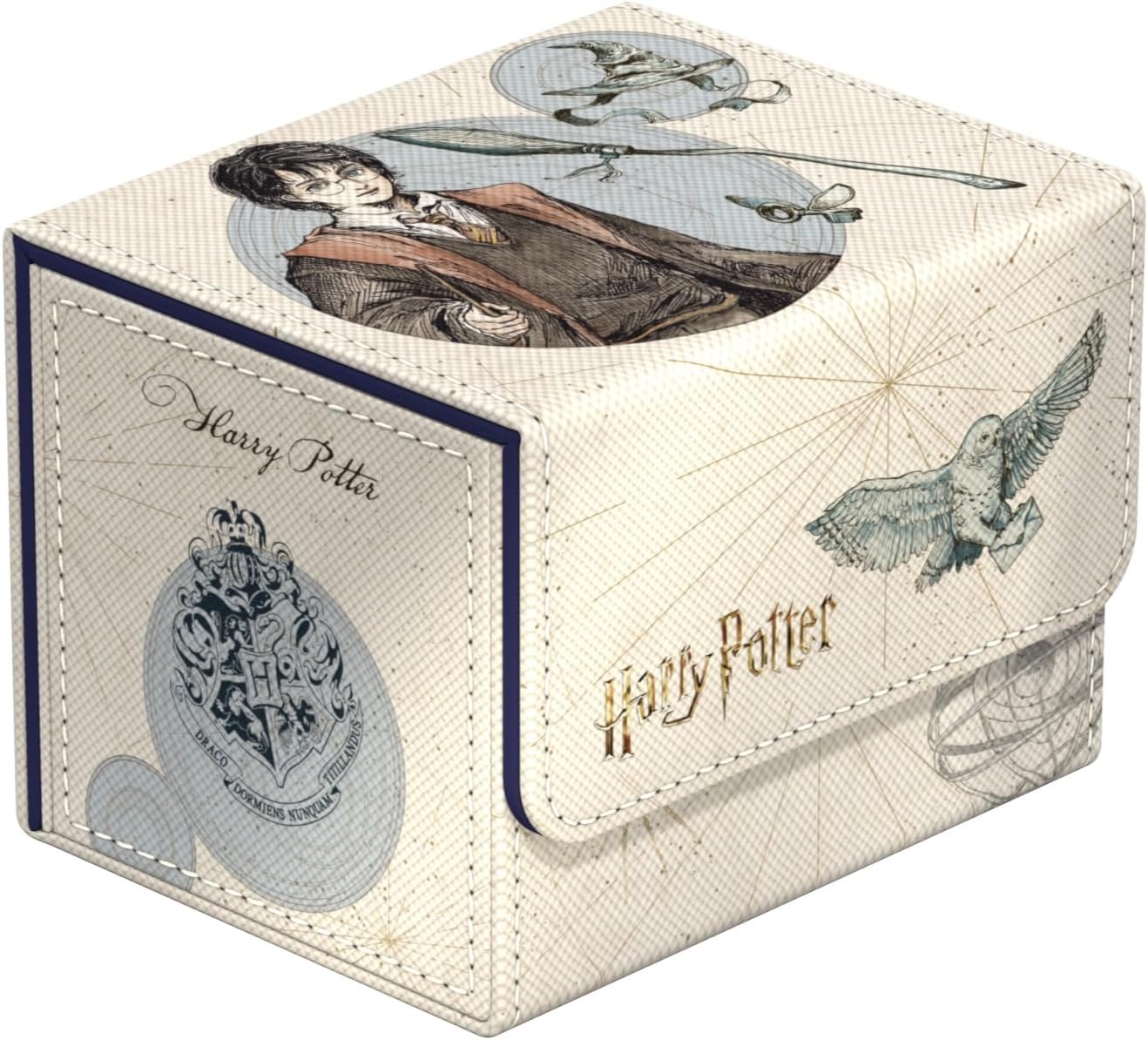 Harry Potter themed storage box decorated with illustrations of Harry, Hedwig the owl, and the Hogwarts crest