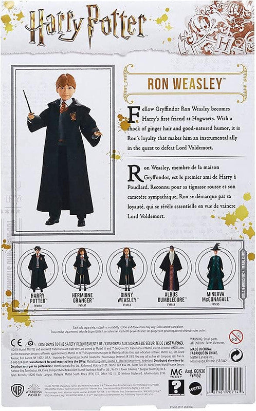 Back of Harry Potter Ron Weasley doll box. Ron, in Hogwarts robe, holds a wand. Other character dolls pictured