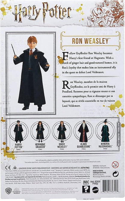 Back of Harry Potter Ron Weasley doll box. Ron, in Hogwarts robe, holds a wand. Other character dolls pictured