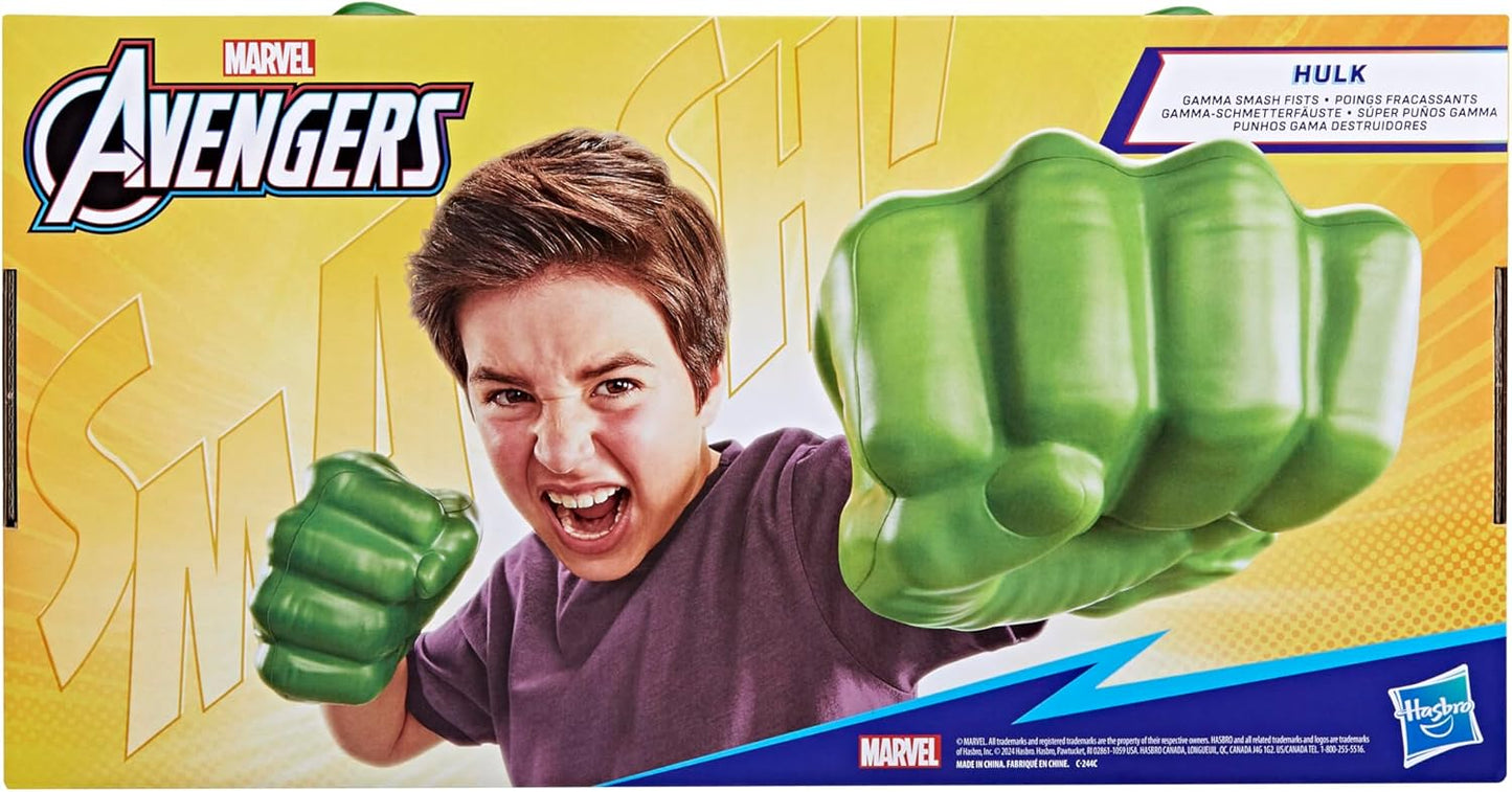 Boy wears green Hulk smash fists -  yelling with an intense face on Marvel Avengers toy packaging