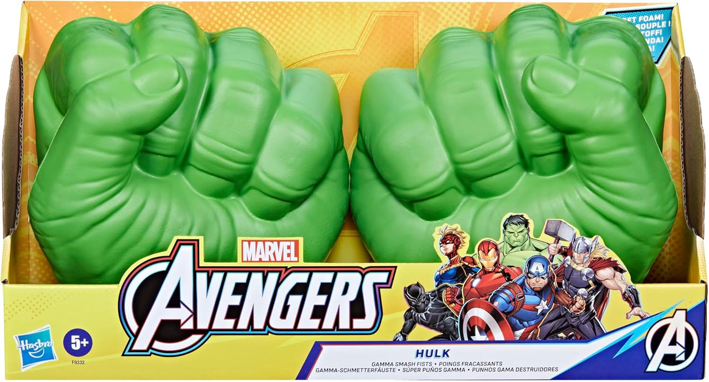 Green foam Hulk smash fists in Marvel Avengers packaging with comic art