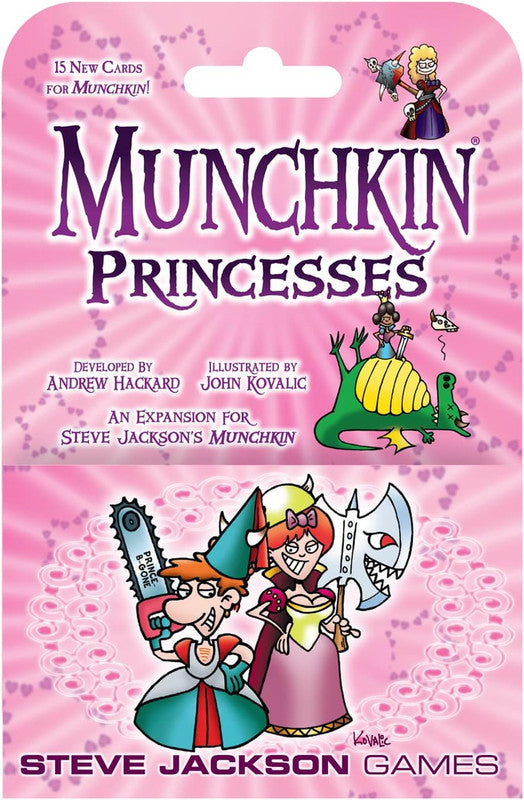 Munchkin Princesses game cover features cartoon characters with a chainsaw and battle-axe on a pink, heart-patterned background