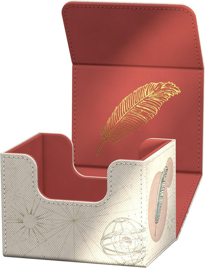 Open card deck box, cream exterior with map print, red interior, and gold feather foil stamp on the lid