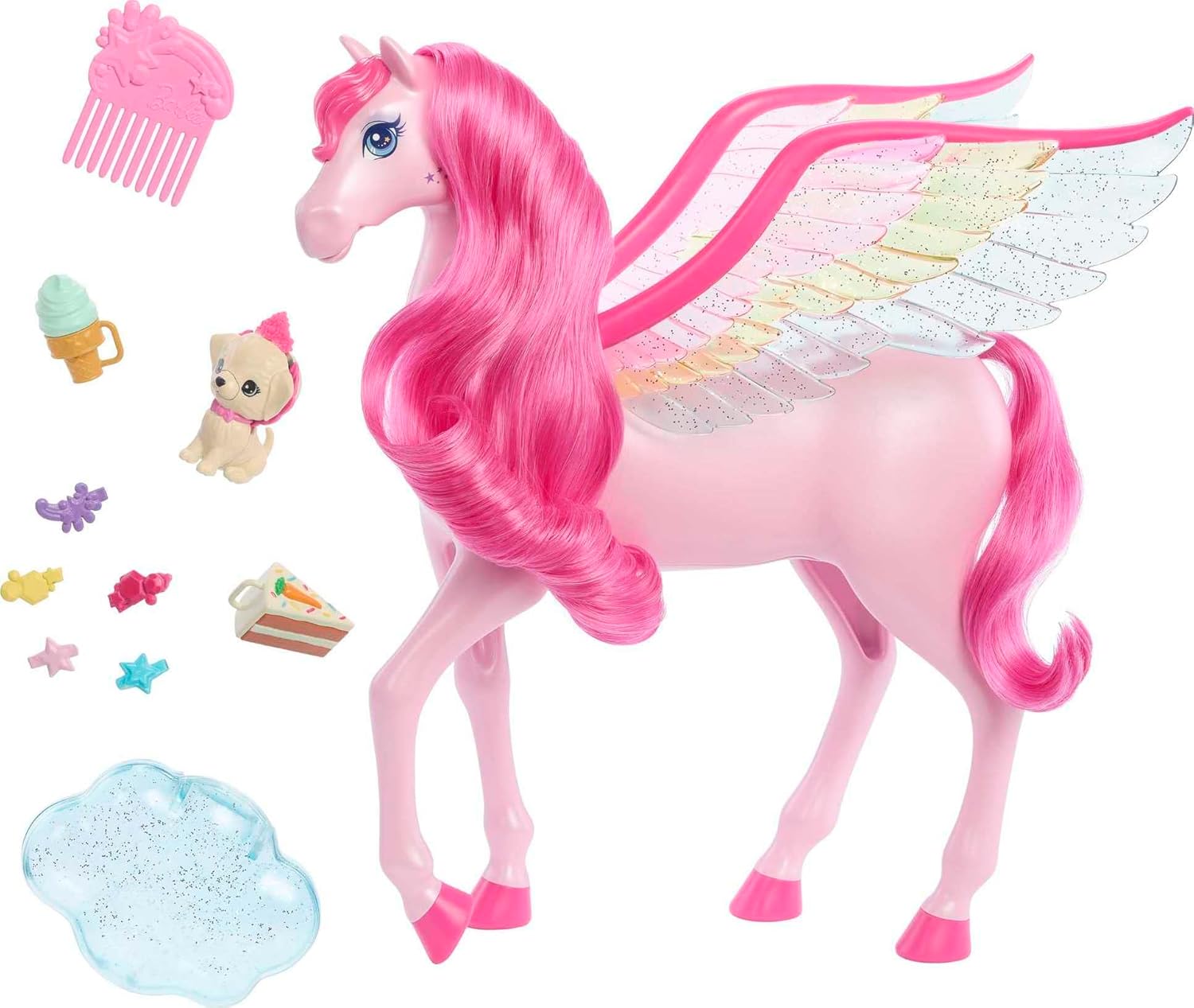 Pink pegasus toy with long pink mane -  glittery rainbow wings -  and a variety of accessories including a puppy -  comb -  and cake