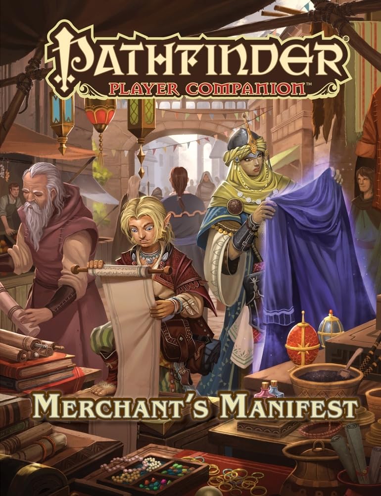Cover art for Pathfinder's Merchant's Manifest: An elf unrolls a scroll in a busy market while a merchant inspects shimmering fabric