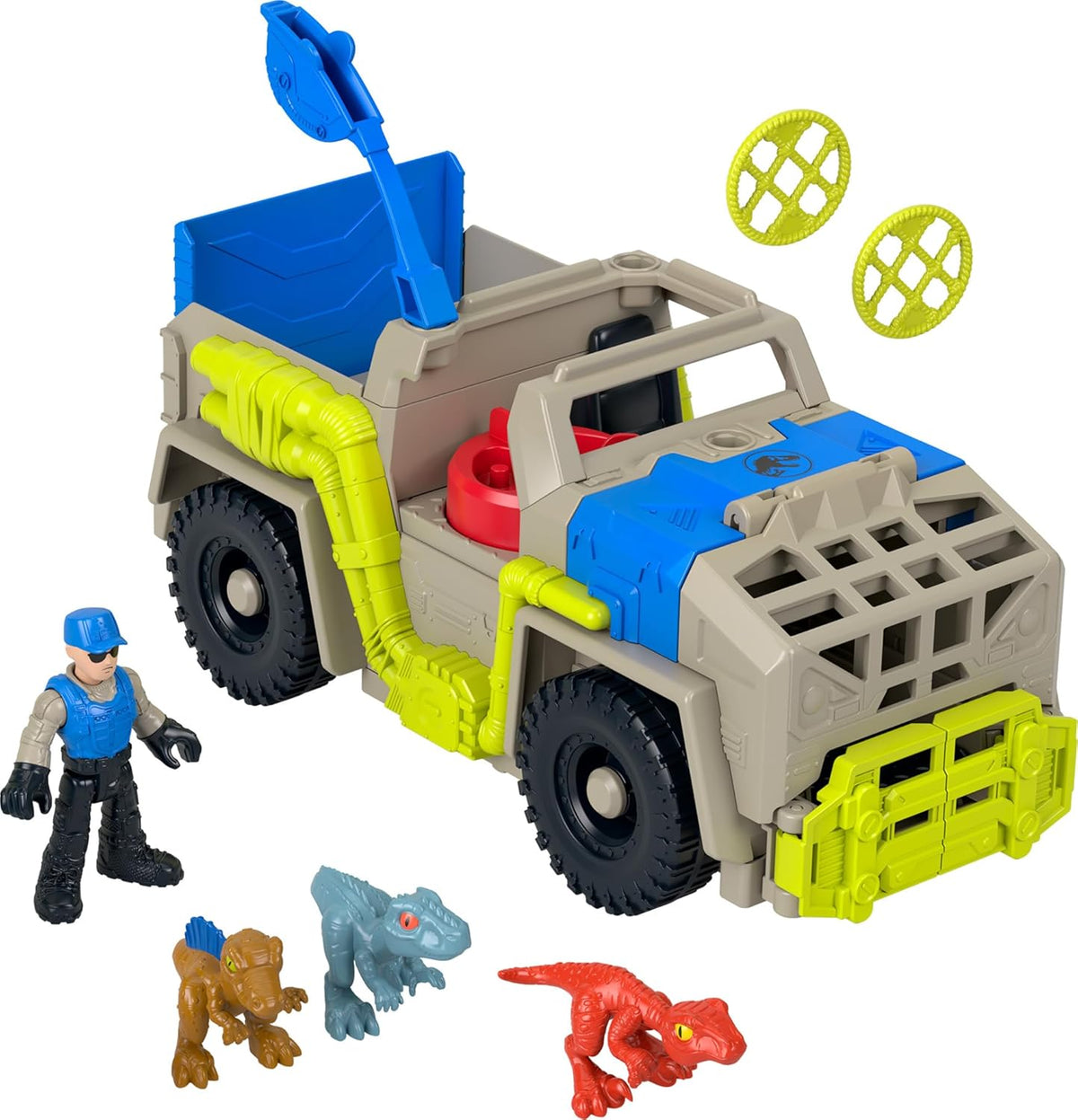 A Jurassic World toy set featuring a beige vehicle with a blue capture arm, two yellow net discs, a man figure and three dinosaurs.