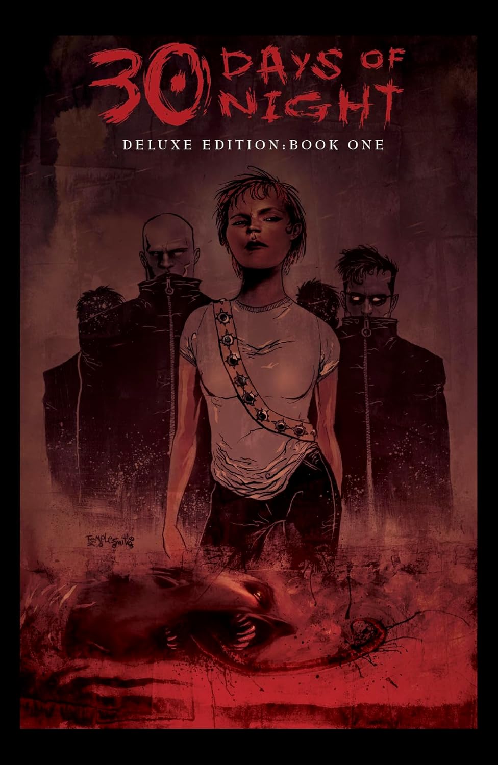 A determined woman stands before two sinister men with glowing eyes -  over a fanged monster