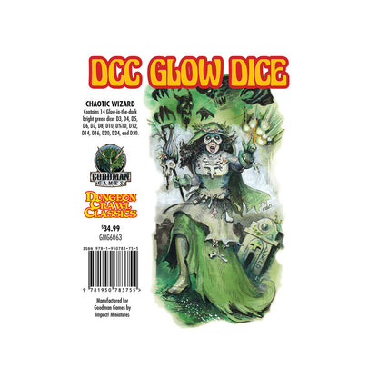 DCC Glow Dice Chaotic Wizard set, 14 bright green glow-in-the-dark dice, fantasy art of a green-robed wizard, shadowy figures, and ruins