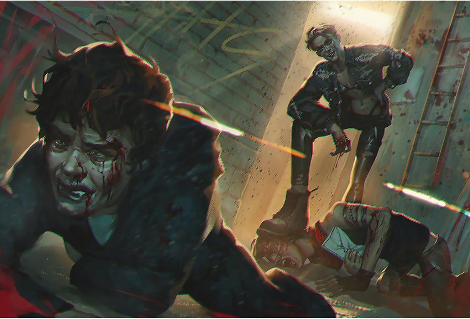 Dark illustration of a bloodied person crawling as a grinning figure dominates a victim underfoot