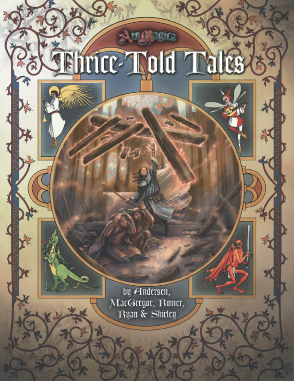 Ars Magica 5th Edition Thrice-Told Tales sourcebook featuring a magical scene of a wizard casting a spell amidst falling beams surrounded by images of an angel fairy dragon and devil on an ornate medieval-style cover