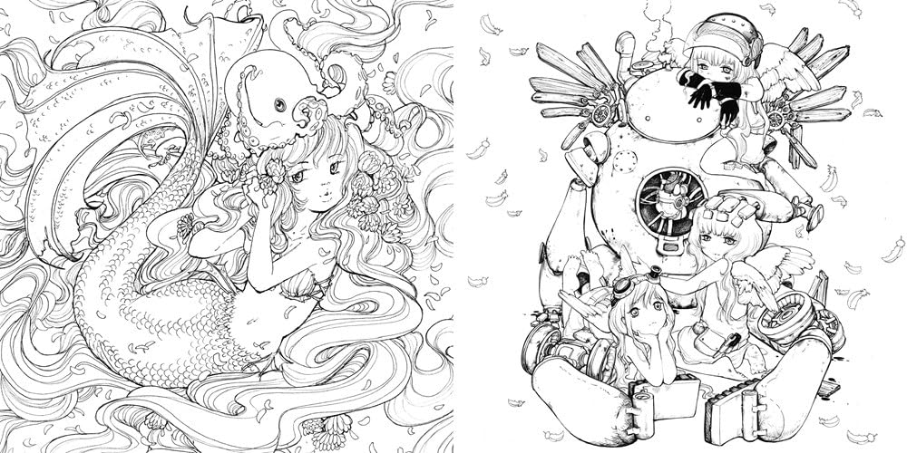 Two B&W line art drawings: a mermaid with an octopus in flowing hair, and small winged figures on a steampunk robot