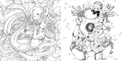 Two B&W line art drawings: a mermaid with an octopus in flowing hair, and small winged figures on a steampunk robot