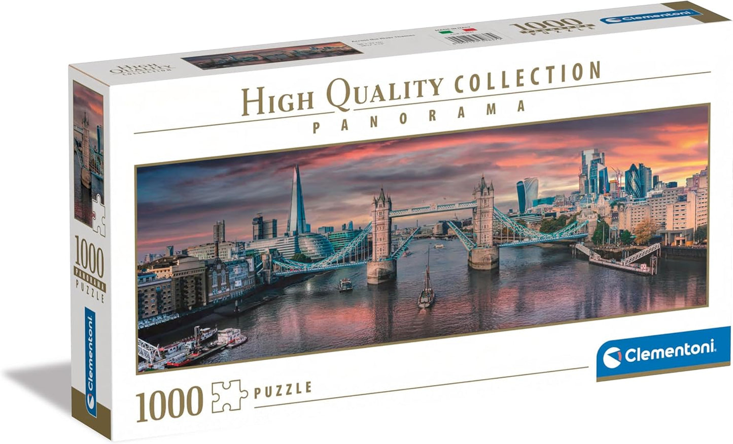 1000-piece puzzle box showing a panoramic view of London's Tower Bridge and The Shard at sunset