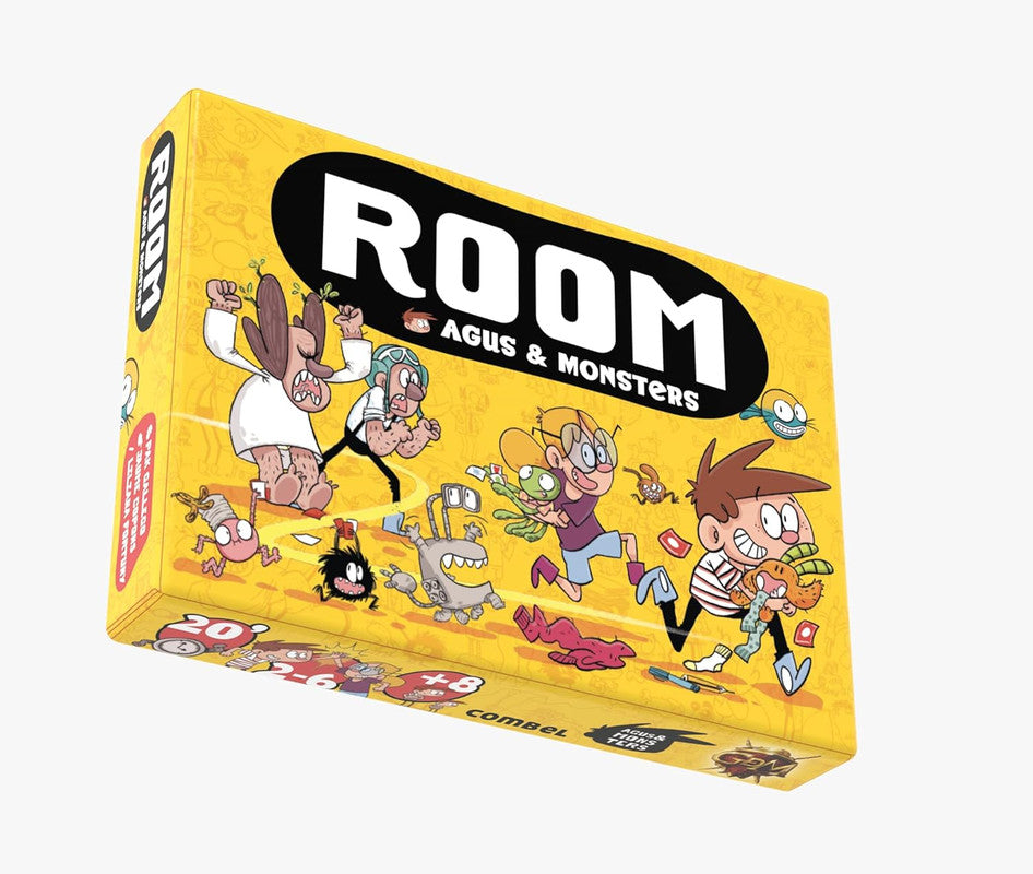 Yellow board game box featuring cartoon illustrations of monsters and characters titled ROOM AGUS MONSTERS