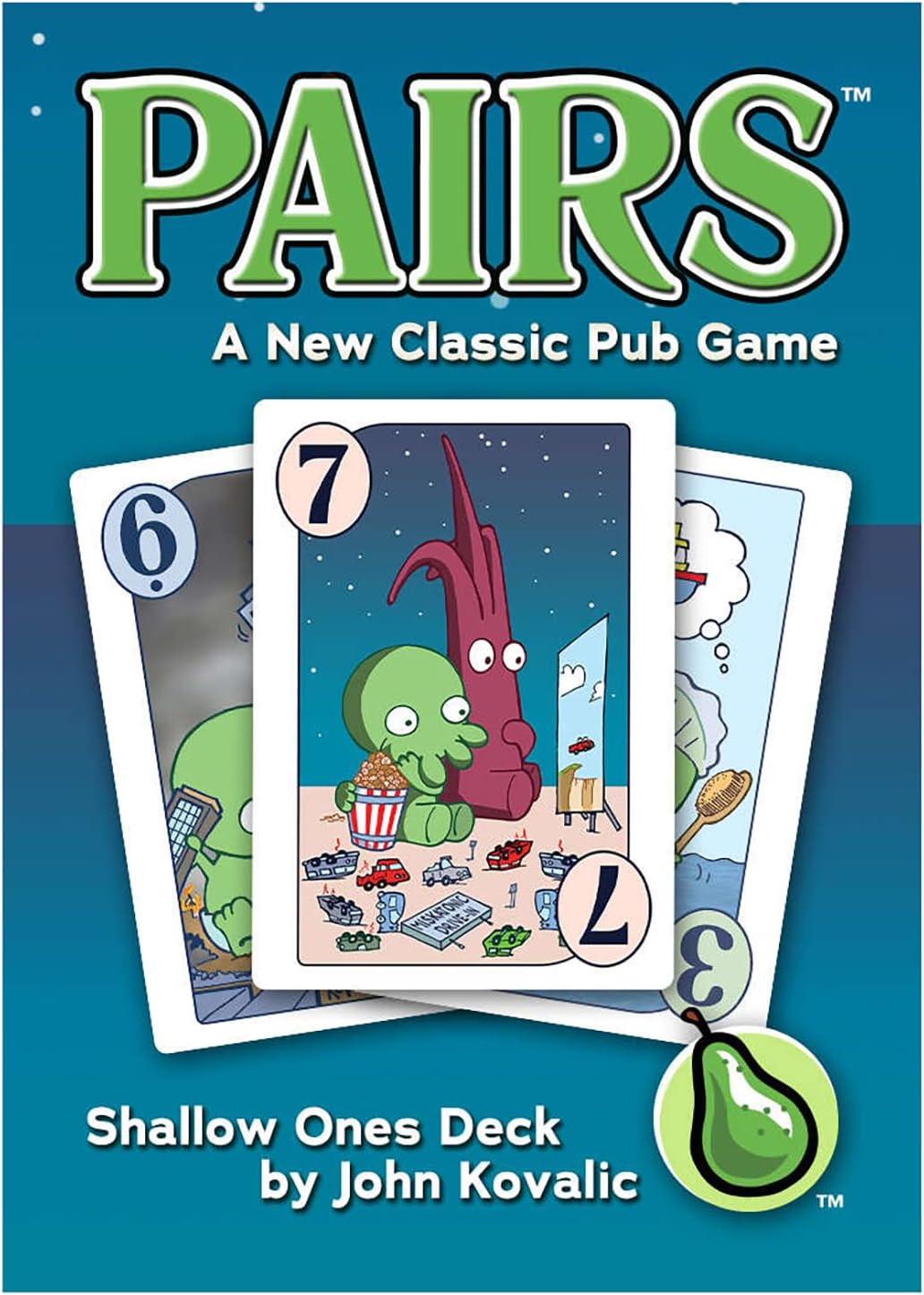 PAIRS card game cover: "Shallow Ones Deck." A cartoon Cthulhu creature eats popcorn at a drive-in movie on a card
