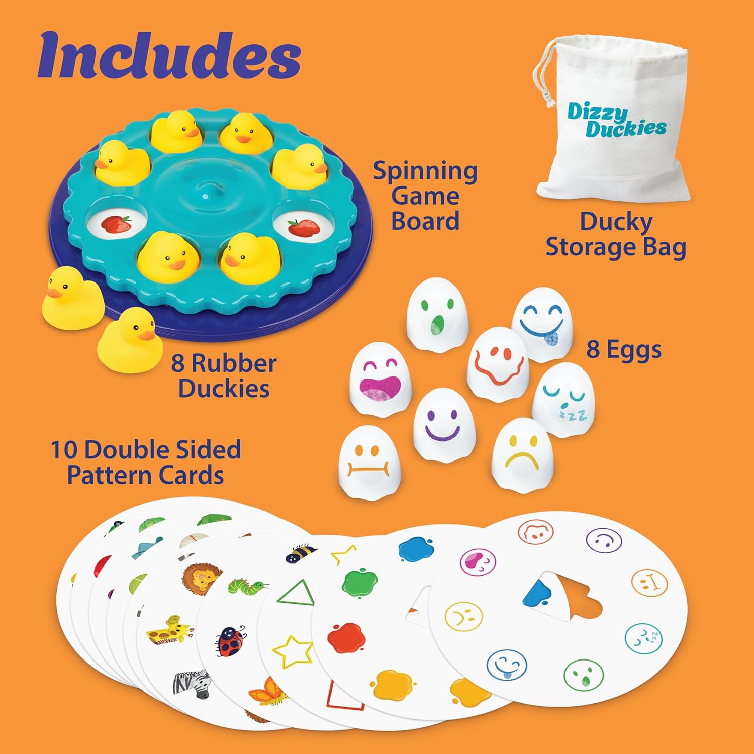 Dizzy Duckies game components: spinning blue board, 8 yellow rubber ducks, ghost-shaped eggs, and pattern cards