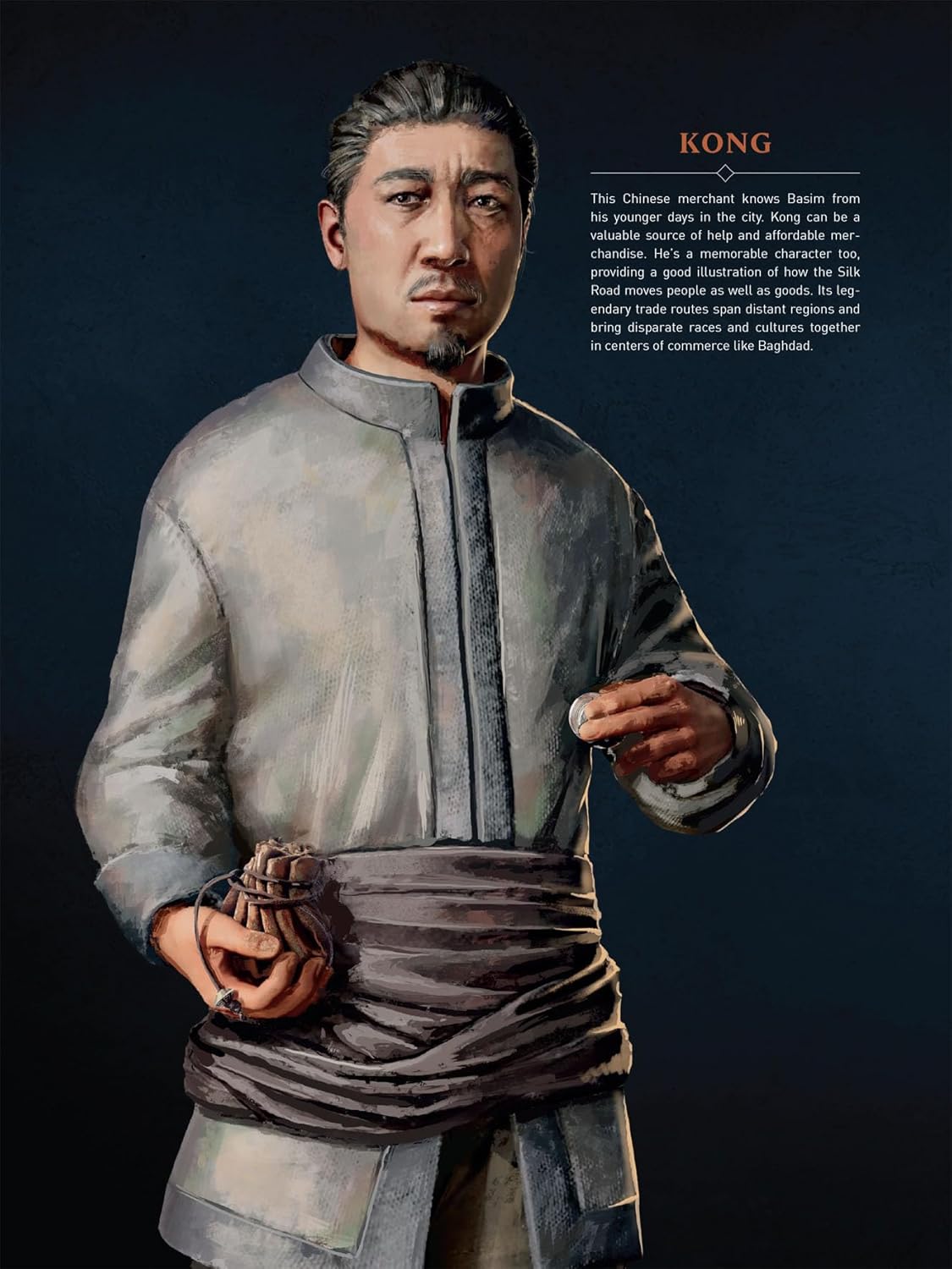 An illustrated Chinese merchant -  Kong -  in a light tunic and dark sash -  holds a coin and a full drawstring pouch