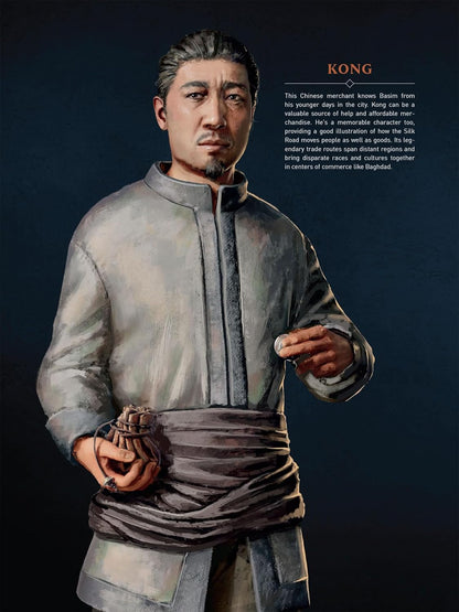 An illustrated Chinese merchant -  Kong -  in a light tunic and dark sash -  holds a coin and a full drawstring pouch