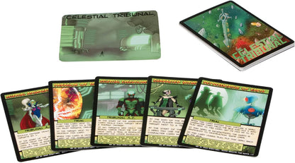 Sci-fi Celestial Tribunal card game components: a large playmat, a tilted card deck, and five diverse character cards displayed