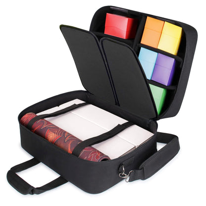 Open black card game carrying case filled with colorful deck boxes and a patterned playmat.