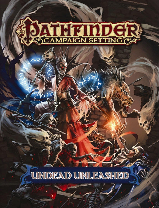 Pathfinder: Undead Unleashed cover, a skeletal lich in red robes casts blue magic, flanked by a horned undead beast and a horde of skeletons and ghosts in a dark crypt