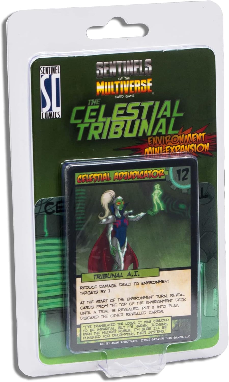 Sentinels of the Multiverse: The Celestial Tribunal mini-expansion. A card shows a green-skinned woman in armor holding a glowing figure