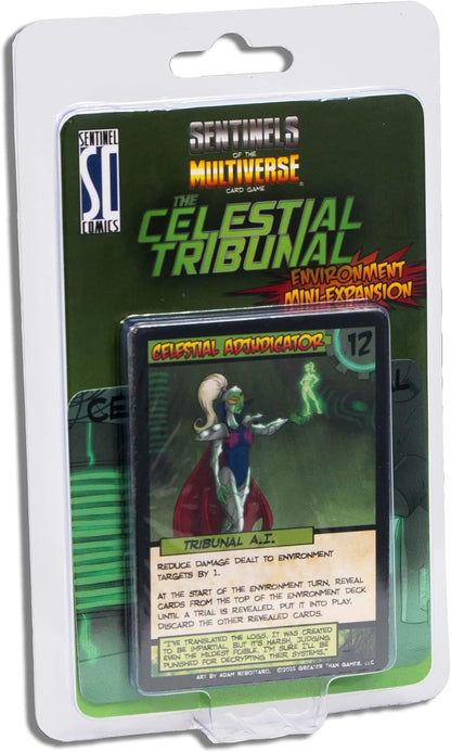 Sentinels of the Multiverse: The Celestial Tribunal mini-expansion. A card shows a green-skinned woman in armor holding a glowing figure